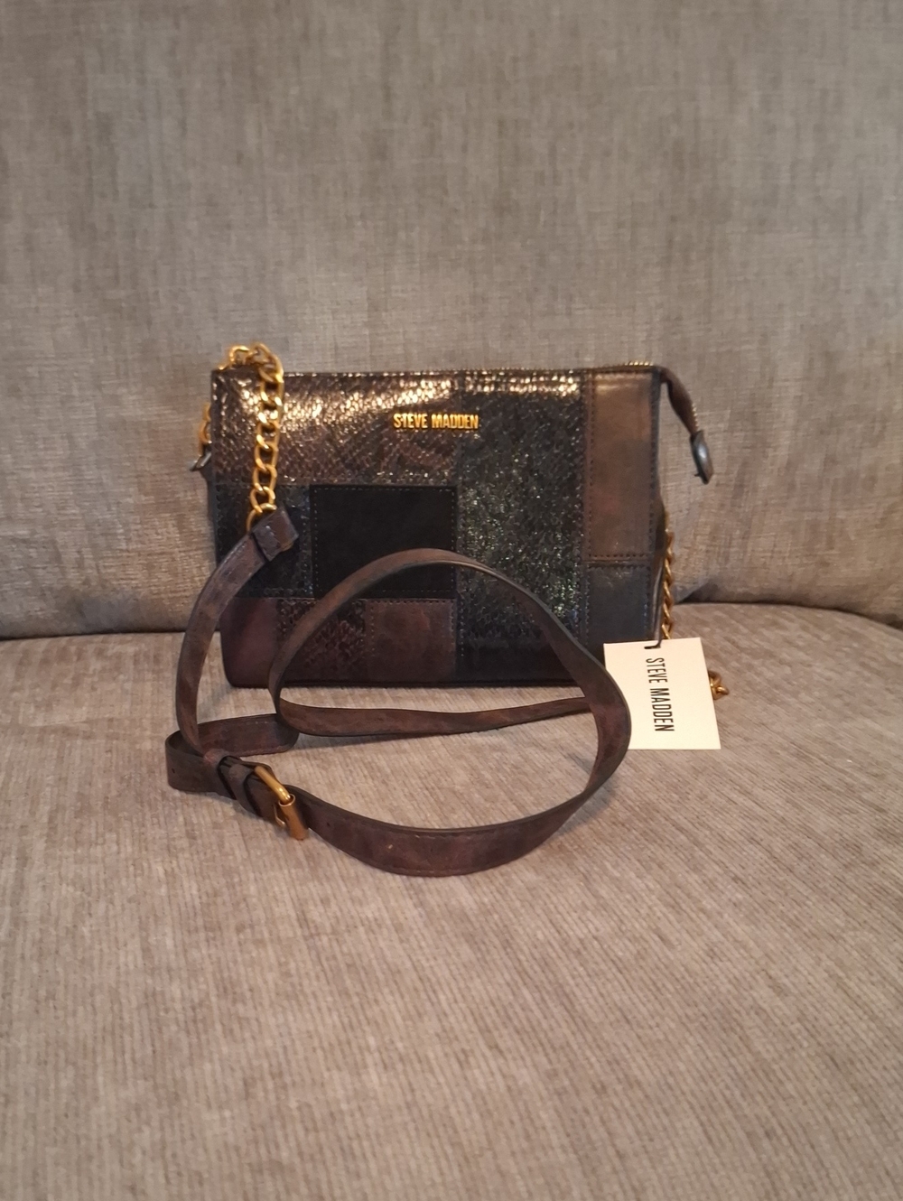 Steve Madden Dark Brown Patchwork Crossbody with Gold Chain